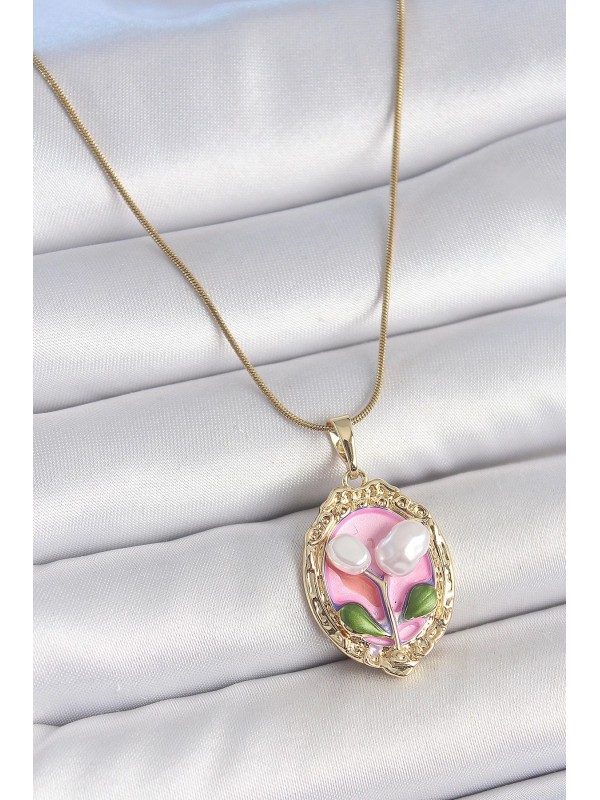 Çelik Kadın Kolye Zincir 316L Gold Renk Pembe Mineli&hellip;