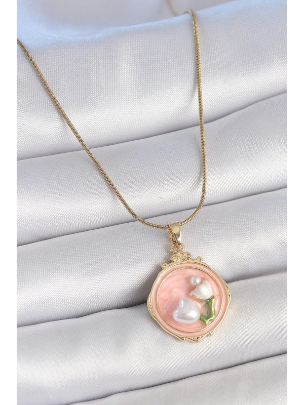 Çelik Kadın Kolye Zincir 316L Gold Renk Pembe Mineli&hellip;