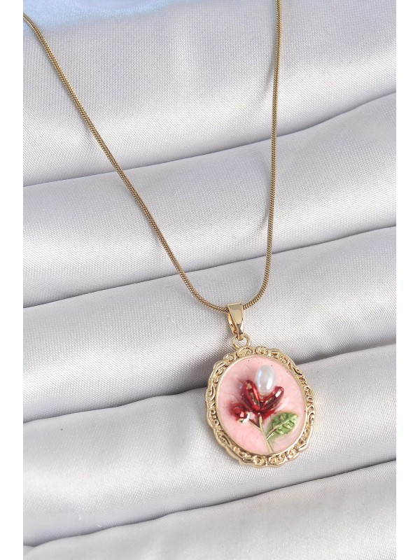 Çelik Kadın Kolye Zincir 316L Gold Renk Pembe Mineli&hellip;
