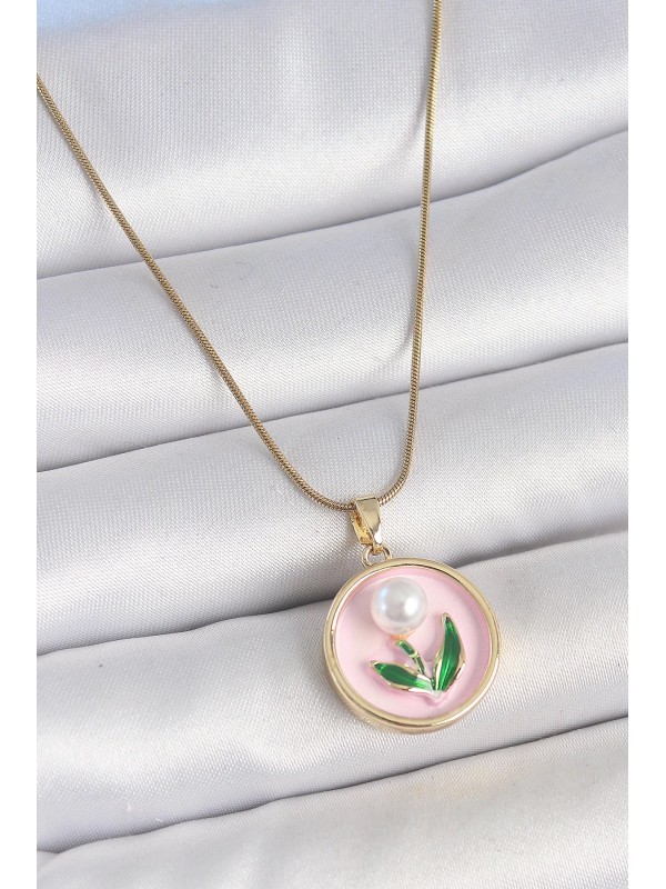 Çelik Kadın Kolye Zincir 316L Gold Renk Pembe Mineli&hellip;