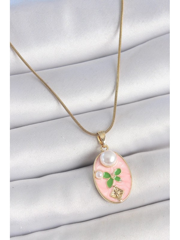 Çelik Kadın Kolye Zincir 316L Gold Renk Pembe Mineli&hellip;