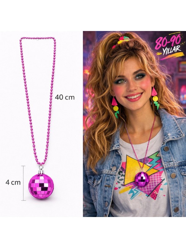 Kolye Retro Disko Topu Şekilli 80 Ler 90 Lar Fuşya… Kolye Retro Disko Topu Şekilli 80 Ler 90 Lar Fuşya…