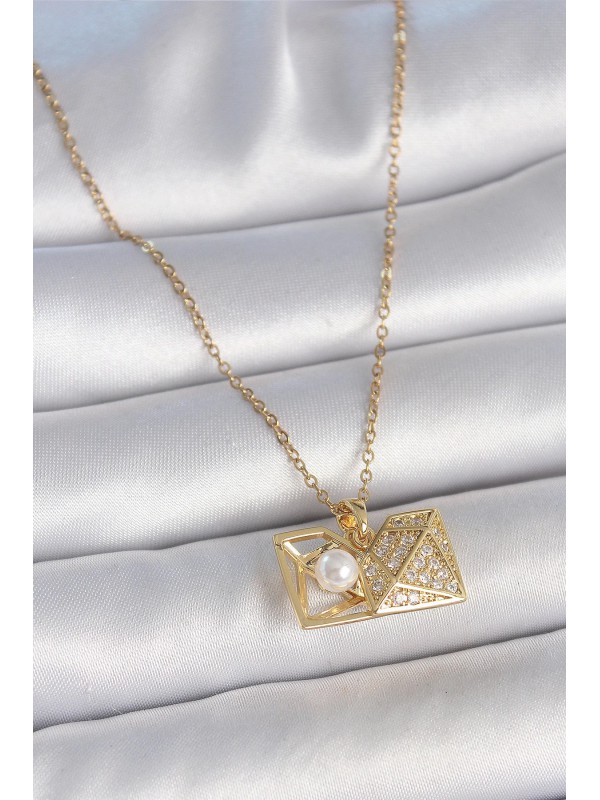 Çelik Kadın Kolye Zincir Taşlı 316L Gold Renk Zirkon&hellip;