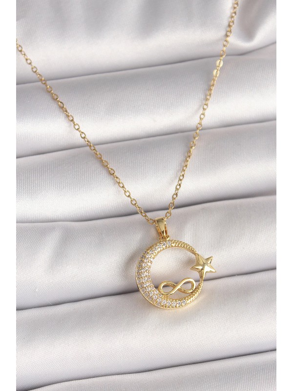 Çelik Kadın Kolye Zincir Taşlı 316L Gold Renk Zirkon&hellip;