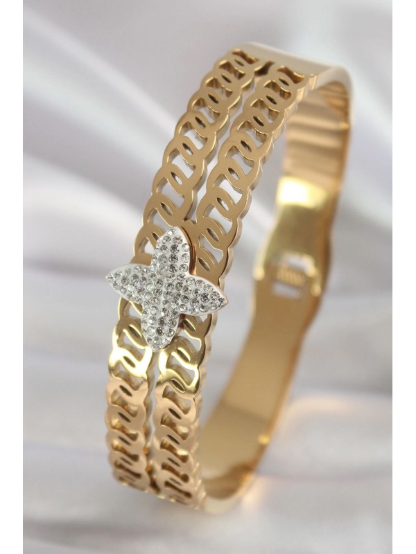 Çelik Kadın Taşlı 316L Gold Renk Zirkon Çiçek Kelepçe&hellip;