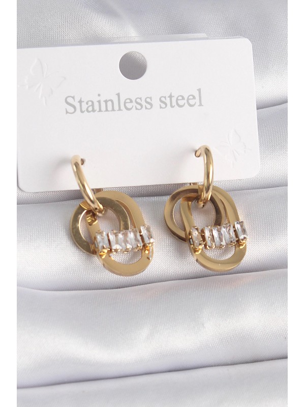 Çelik Kadın Küpe Taşlı 316L Gold Renk Zirkon Halka&hellip;