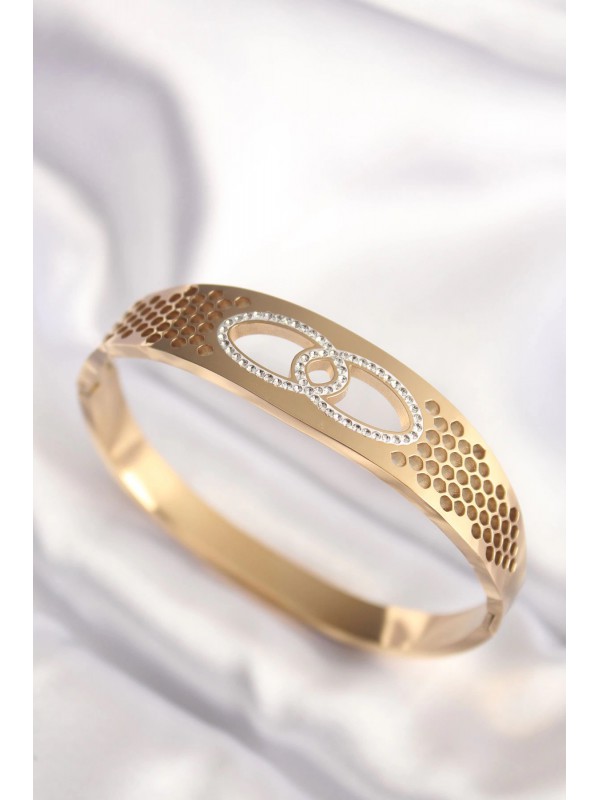 Çelik Kadın Taşlı 316L Gold Renk Zirkon Kelepçe Bilezik&hellip;