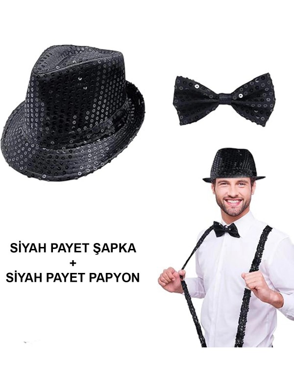 Siyah Payetli Şapka Ve Papyon Seti Parıltılı Yetişkin… Siyah Payetli Şapka Ve Papyon Seti Parıltılı Yetişkin…