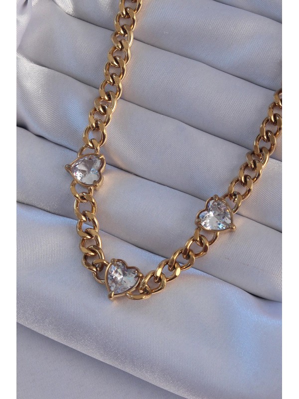 Çelik Kolye Taşlı Kalp Zincir 316L Gold Renk Zirkon… Çelik Kolye Taşlı Kalp Zincir 316L Gold Renk Zirkon…