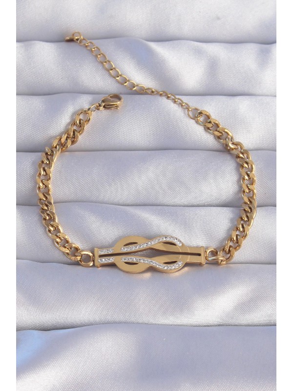 Çelik Bileklik Taşlı Zincir 316L Gold Renk Zirkon&hellip;