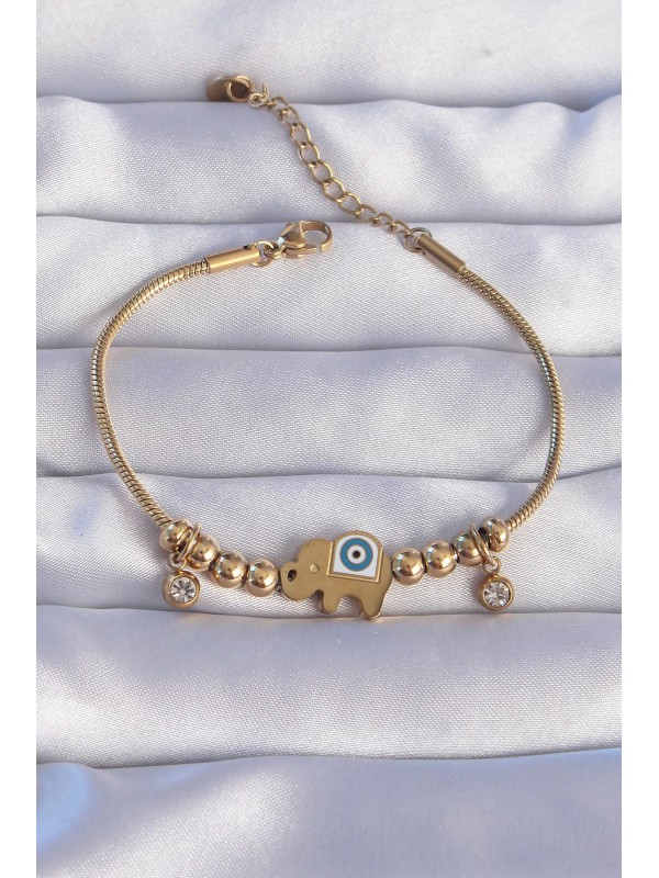 Çelik Bileklik Taşlı Nazarlı 316L Gold Renk Zirkon Fil&hellip;