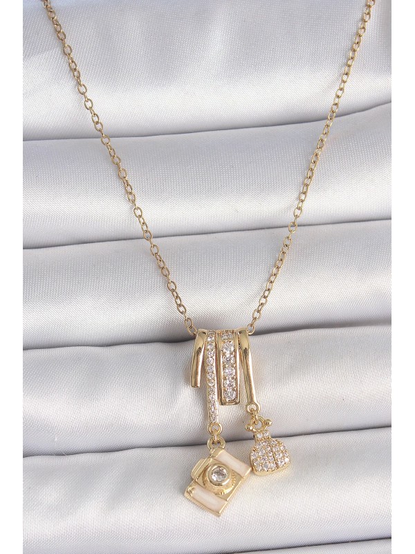 Çelik Kadın Kolye Taşlı 316L Gold Renk Zirkon Sallantı&hellip;