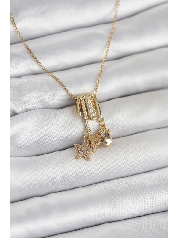 Çelik Kadın Kolye Taşlı 316L Gold Zirkon Deniz Tema&hellip;