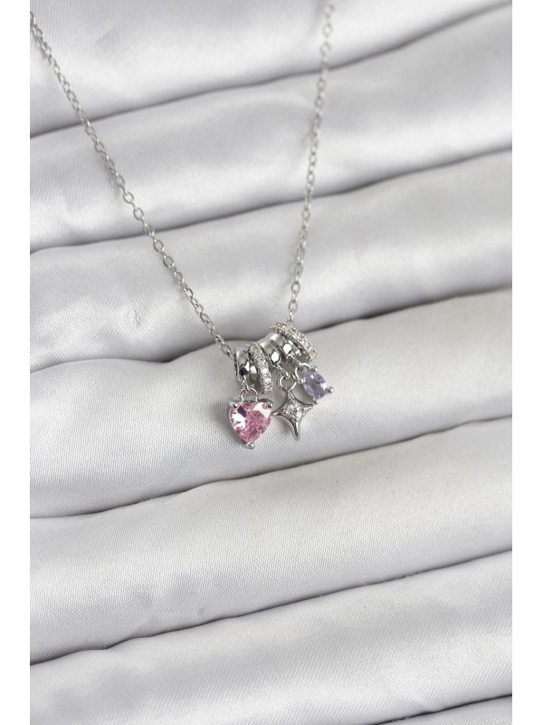 Çelik Gümüş Kadın Kolye Taşlı 316L Pembe Zirkon Charmlı… Çelik Gümüş Kadın Kolye Taşlı 316L Pembe Zirkon Charmlı…