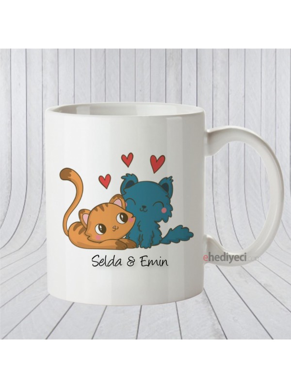 Kişiye Özel Kupa Aşık Kedi Temalı Beyaz&hellip;