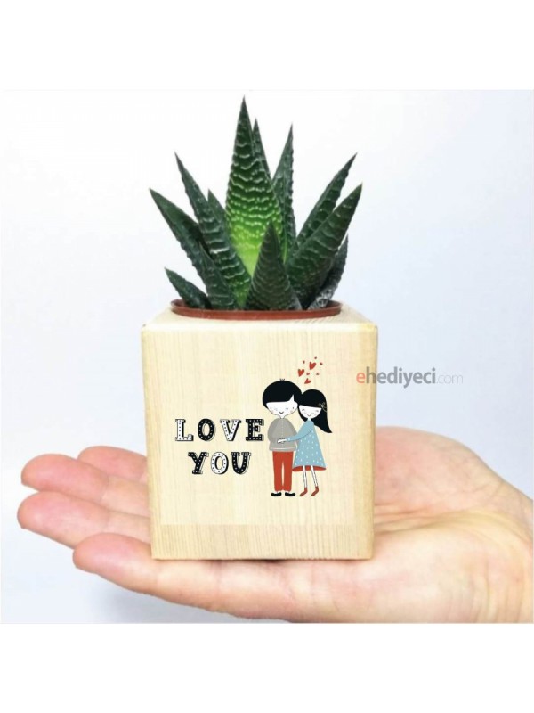Sevgiliye Ahşap Love You Temalı Küp Saksıda Hawortia&hellip;