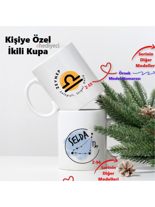 Kişiye Özel Kupa Seti Çift Burç Tasarımlı İkili Bardak&hellip;