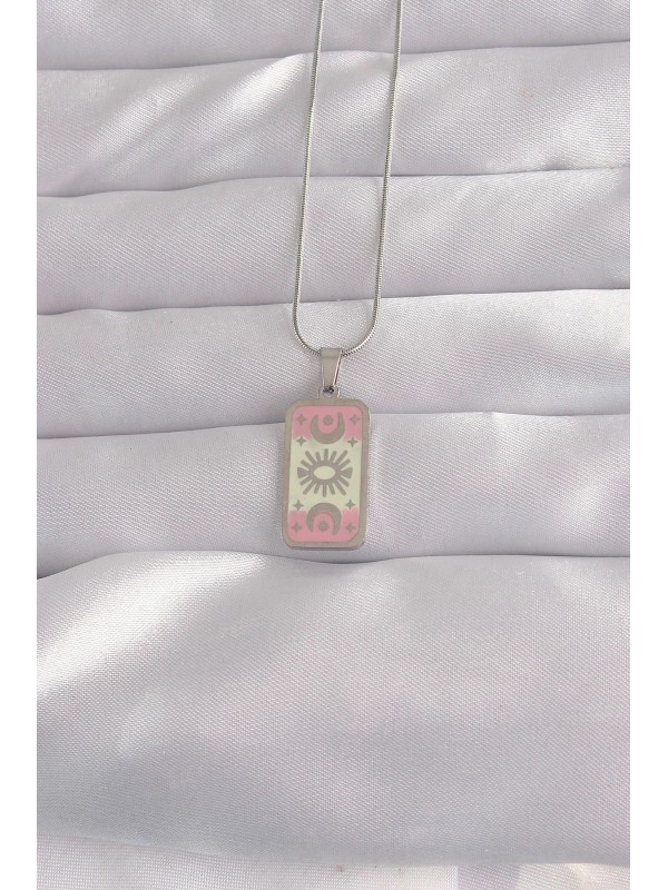 Çelik Gümüş Kolye 316L Renk Pembe Mineli Ay Figür Tarot&hellip;