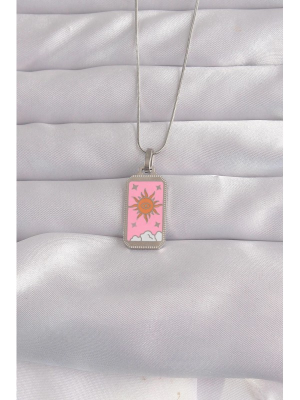 Çelik Gümüş Kolye 316L Renk Pembe Mineli Güneş Tarot&hellip;