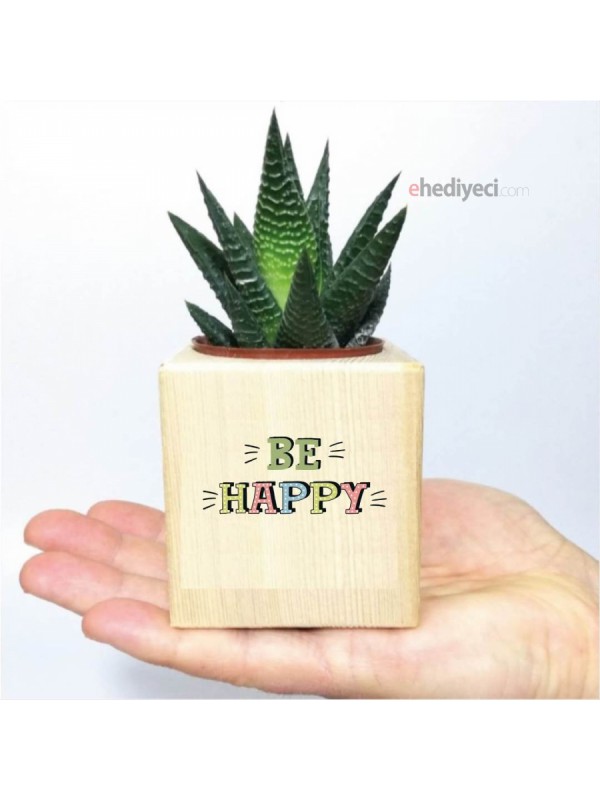 Ahşap Be Happy Tasarımlı Küp Saksıda Sukulent&hellip;